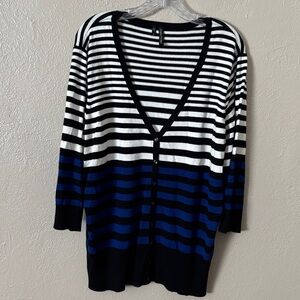 Striped V-Neck Button Cardigan Sweater - Black, White & Blue